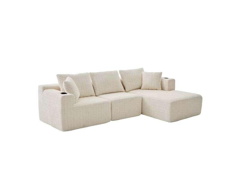  Canapé d’angle modulable 3 places avec poches latérales - lpospi - méridienne en chenille beige 261 × 165 × 80 cm  - Conforama A