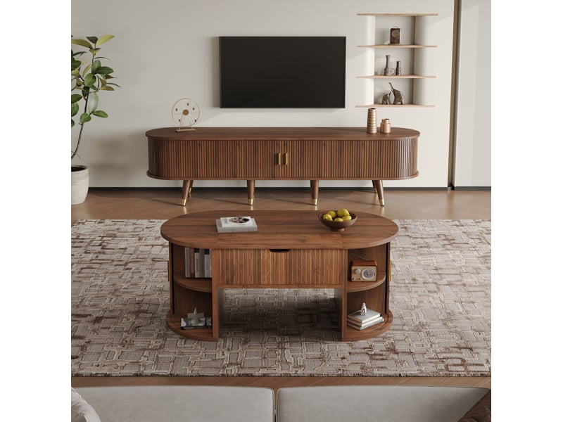  Lot de 2 meubles de salon avec meuble tv et table basse à plateau relevable, mdf, coloris noyer  - Conforama B