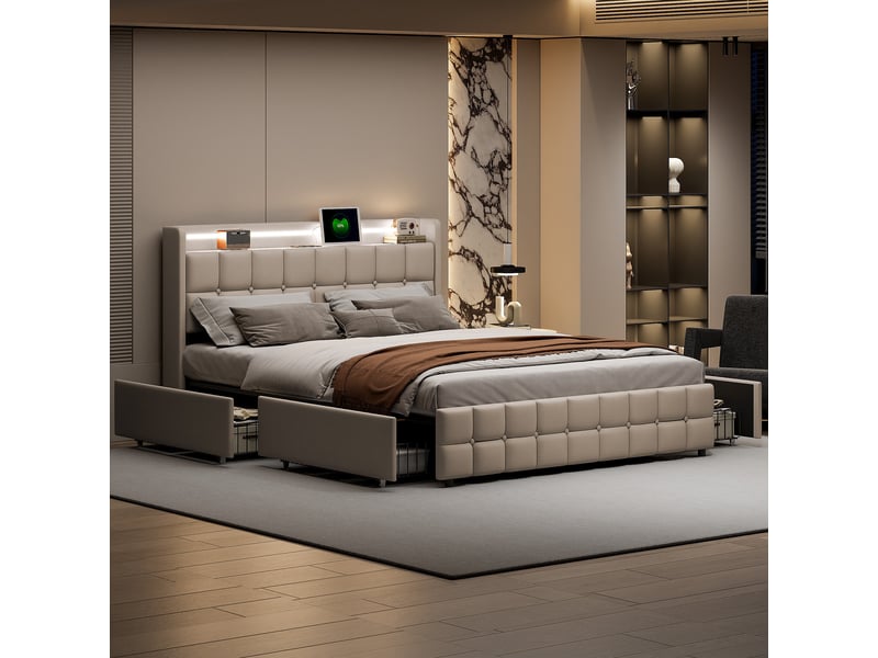 Lit double 180x200cm - lit rembourré 180x200cm avec 4 tiroirs - prises de courant ports usb éclairage led - sans matelas - beige - Conforama D