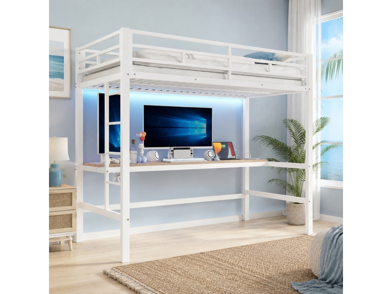Lit mezzanine enfant 90 x 200 cm blanc avec bureau, led, prises usb et type-c - Conforama B