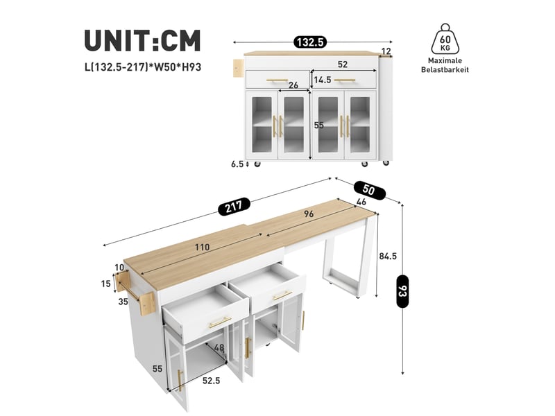  Îlot de cuisine mobile extensible 132,5-217x50x93 cm blanc avec rangement  - Conforama C