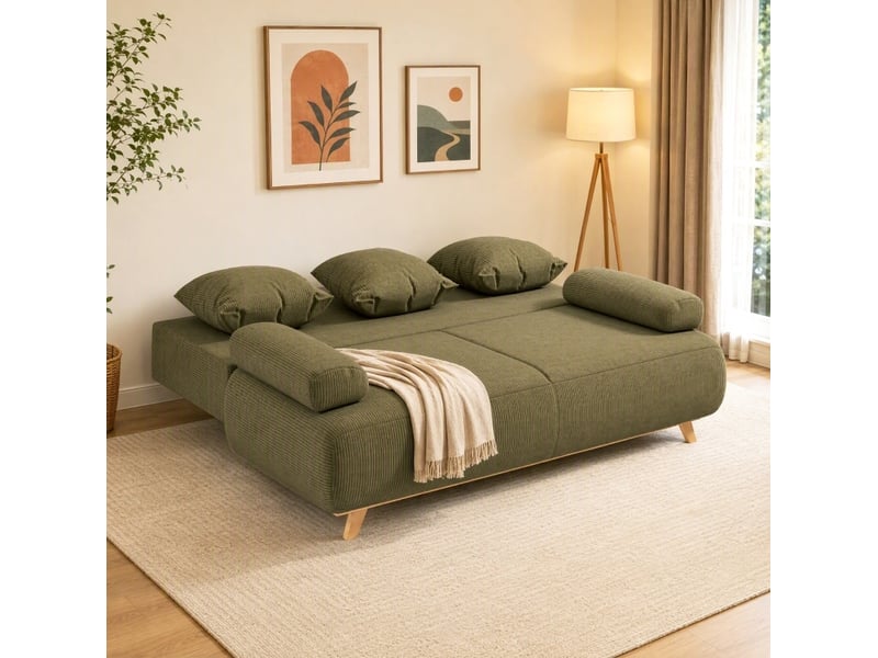  Canapé droit convertible 2 places en velours côtelé vert foncé avec rangement, idéal pour vos invités  - Conforama E