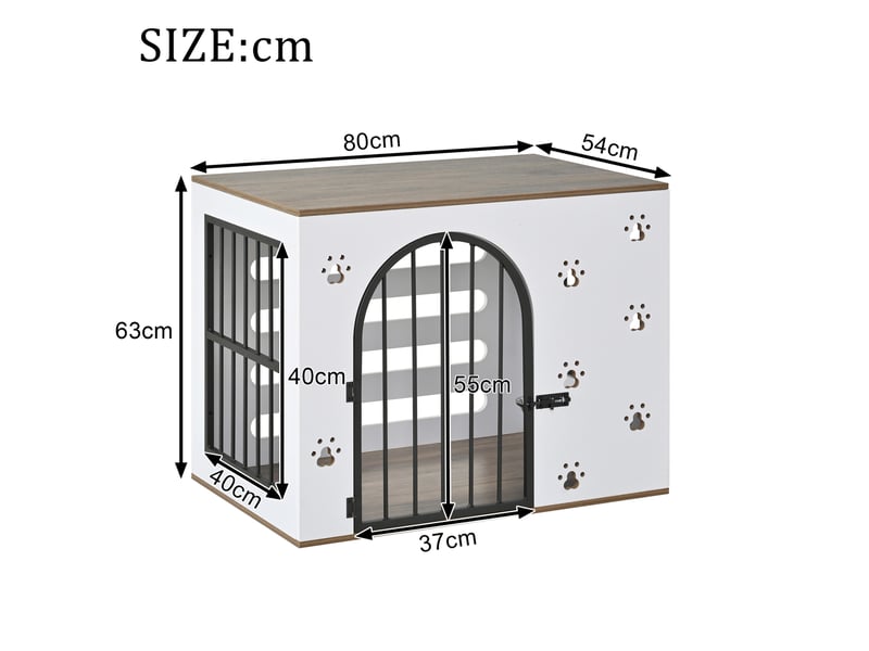  Cage d’intérieur 80x54x63 cm – blanc et chêne clair – table d’appoint avec 2 gamelles en inox amovibles  - Conforama B