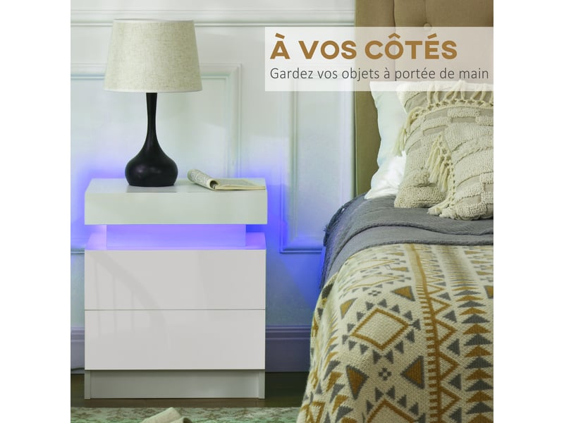  Table de chevet table de nuit lumière led rvb panneau haute brillance avec 2 tiroirs pour chambre salon à coucher blanc  - Conforama E