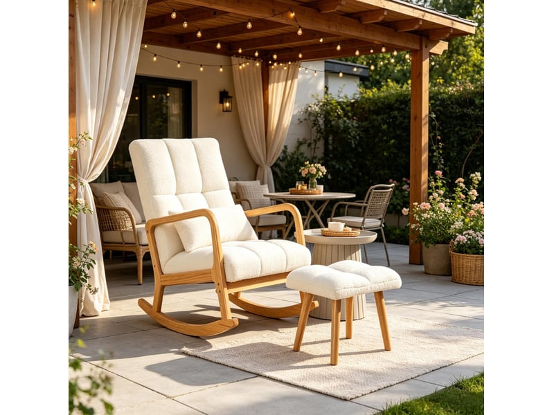 Fauteuil à bascule modenvie avec repose-pieds en tissu bouclette blanc - Conforama E