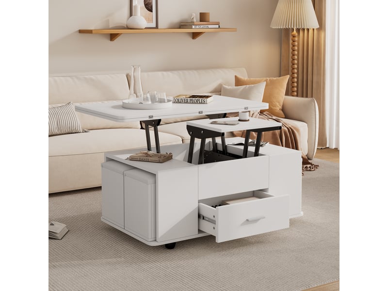  Table basse relevable multifonction blanche – 100 x 50 cm – plateau extensible 100 x 100 cm, 4 tabourets  - Conforama C