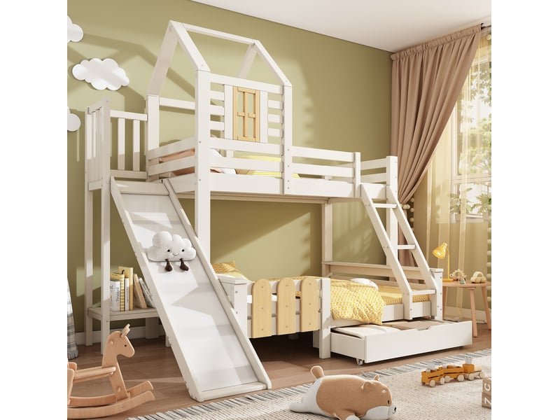  Lit superposé enfant 90x200 et 140x200 cm – blanc et bois naturel – toboggan et tiroir - sans matelas  - Conforama B