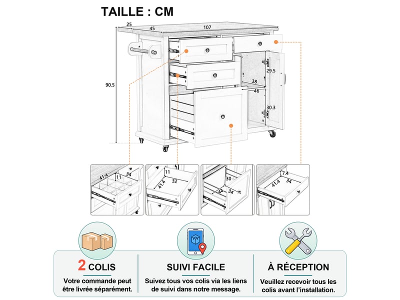  Desserte de cuisine avec 2 portes, tiroirs, étagères réglables, plan extensible blanche en mdf 107×45-70×90,5 cm  - Conforama D