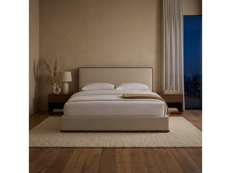  Lit double en tissu beige et bois foncé 160x200 cm  - Conforama B