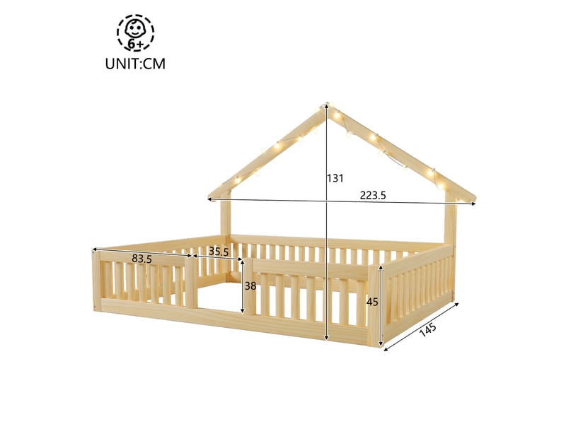  Lit cabane 140x200 cm, structure en bois, coloris naturel, éclairage led, ports usb et usb-c, garde-corps, design cabane, design contemporain  - Conforama C