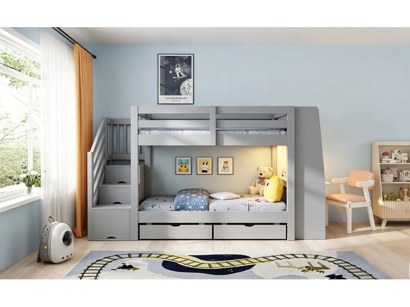  Lit mezzanine,90x200 cm,avec bureau led prises tiroirs,bois,gris  - Conforama B