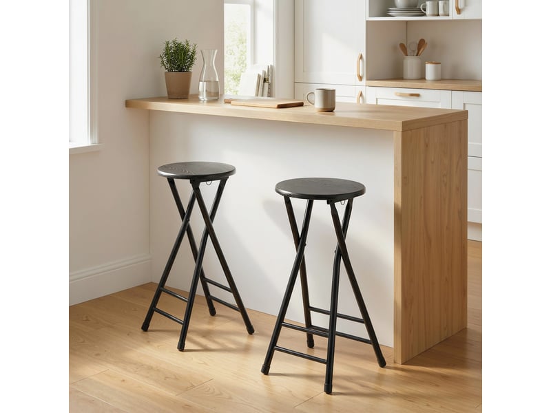  Lot de 2 tabourets de bar pliants avec double repose-pieds, en bois et acier, 34 x 30 x 70 cm, noir  - Conforama D