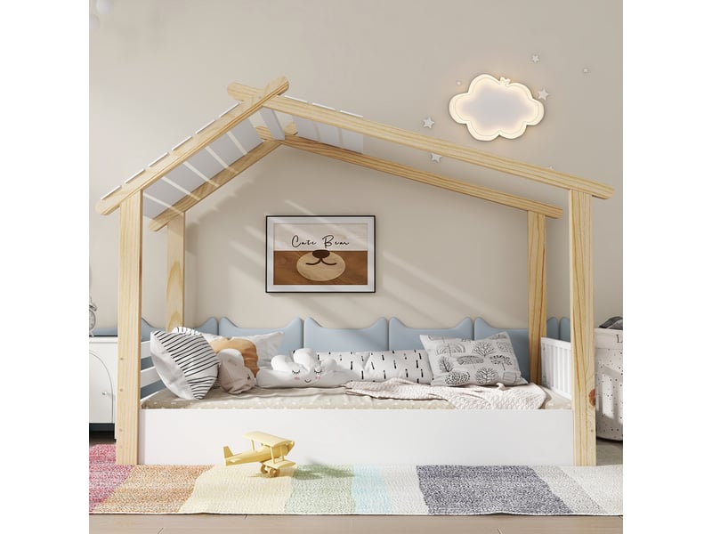  Lit enfant maisonnette 90 x 190 cm, pin + panneaux de particules + mdf, sommier à lattes, blanc et naturel  - Conforama E