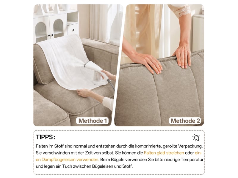  Canapé modulable en l 3 places avec pouf en polyester sable W3325S00517 - Conforama E