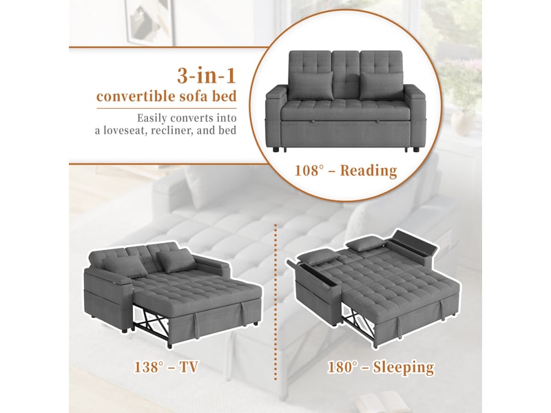 Canapé convertible 2 places 140x90x86,5 cm avec fonction lit, dossier réglable 3 positions, rangement intégré, poches latérales, coussins, tissu effet lin - gris - Conforama E