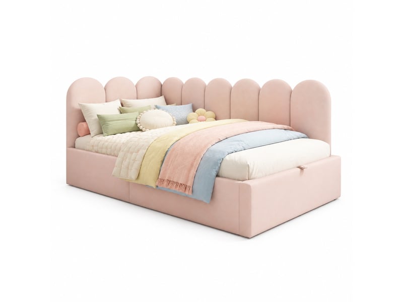  Lit banquette 90 places avec rangement hydraulique et côtés réversibles, sommier métallique, velours rose, 90x200 cm  - Conforama A