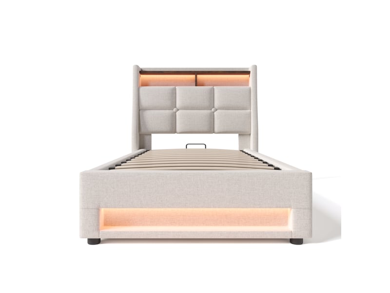  Lit 1 personne 90x200 cm avec matelas, structure de lit avec tête de lit en lin, beige, lit simple led avec sommier à lattes  - Conforama W