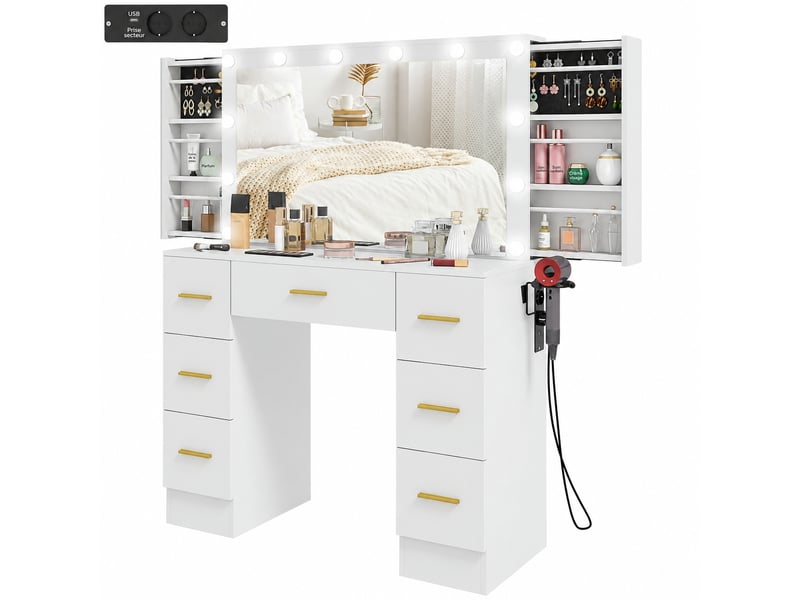 Coiffeuse blanche avec miroir lumineux, 12 led, 7 tiroirs et 6 compartiments cachés, 100 x 40 x 137 cm  - Conforama A
