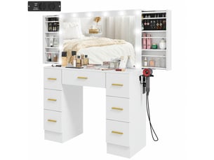 Coiffeuse blanche avec miroir lumineux, 12 led, 7 tiroirs et 6 compartiments cachés, 100 x 40 x 137 cm