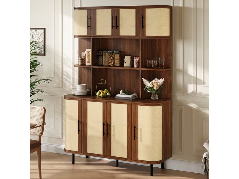  Buffet 8 portes avec rangement, poignées noires et pieds en métal pour salon en mdf 120×20×180 cm noyer  - Conforama C