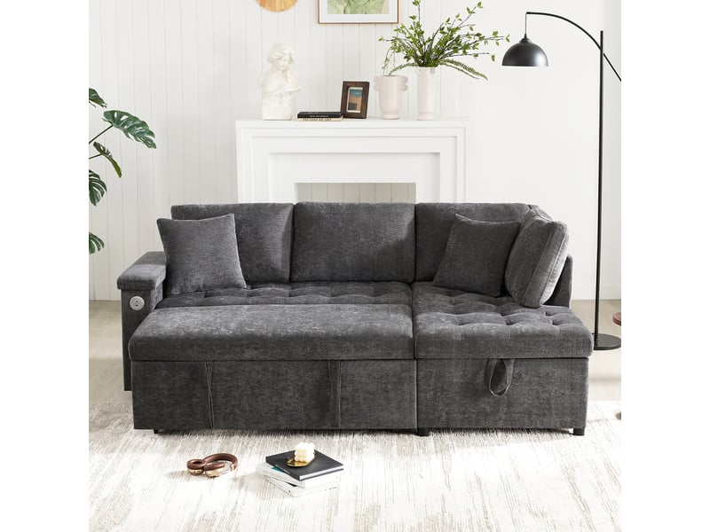 Canapé d’angle convertible l 34 places 209x130x84 cm avec fonction lit, coffre de rangement, méridienne droite, porte-gobelet, usb, étagère d’accoudoir, 2 coussins, tissu chenille - gris - Conforama E