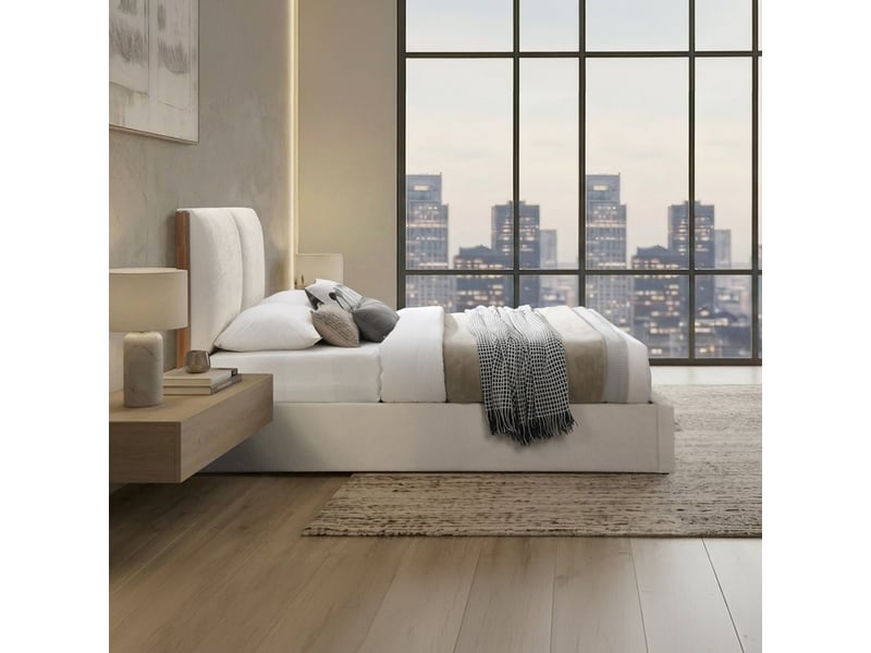  Lit double en tissu beige et bois avec coffre 140x190 cm JUNA-140X190-BEI - Conforama E