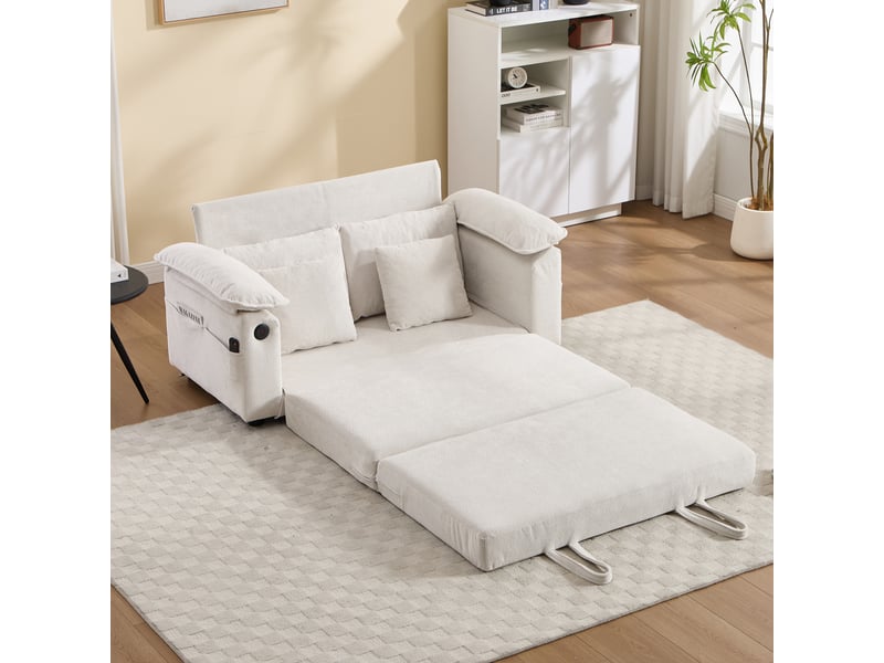  Lit canapé convertible 3 en 1 - 148x199 cm blanc - futon loveseat pliable avec poches latérales pour salon moderne et chambre  - Conforama D
