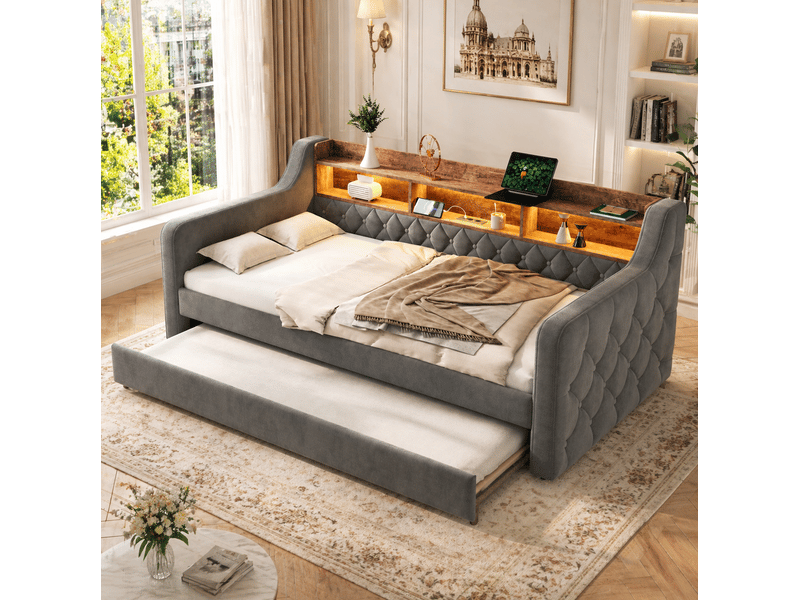  Modenvie lit gigogne 90x190 cm - avec rangement, led et port usb-c, sans matelas - gris  - Conforama B