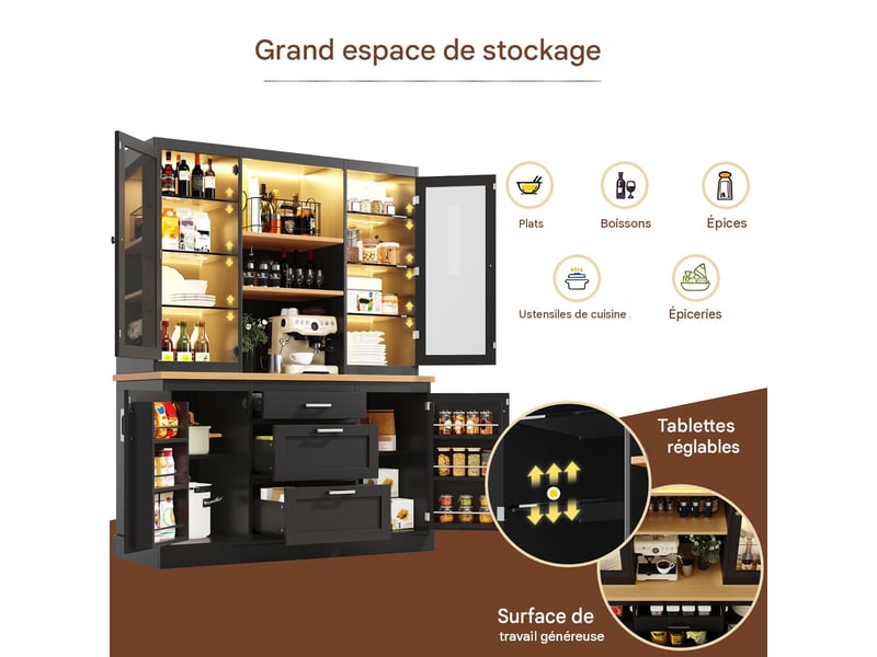  Buffet de cuisine avec led et 3 tiroirs en mdf noir 140x40x185 cm - pangivo  - Conforama E