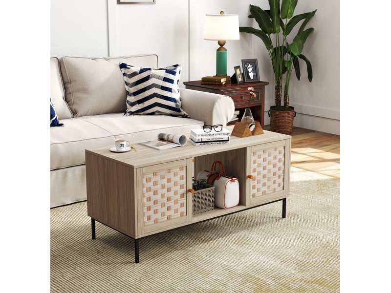  Table basse 106x50x47.5 cm avec 2 portes coulissantes en métal et bois coloris bois clair, design naturel  - Conforama E