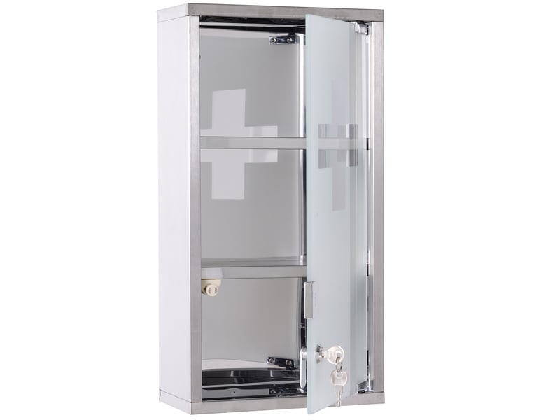  Armoire à pharmacie 2 étagères 3 niveaux verrouillable porte verre trempé dépoli logo croix 25l x 12l x 48h cm acier inox  - Conforama A