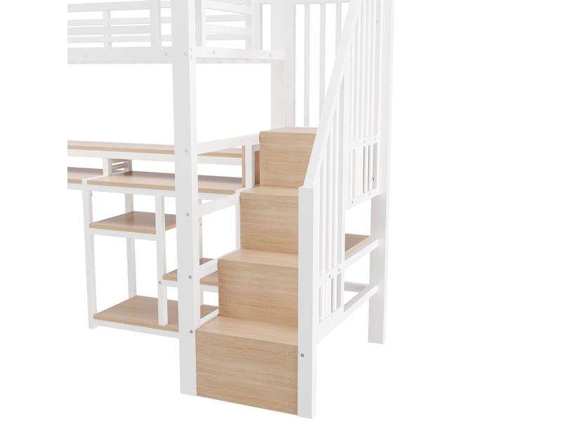 Lit mezzanine 90x200 cm, escalier de rangement, led et ports usb et type-c, en métal, blanc, sans matelas - Conforama E