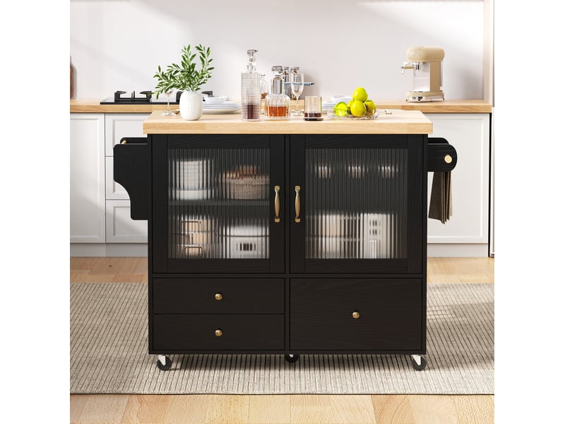  Îlot cuisine roulant 100x42-70x91,5 cm plan extensible 40 kg porte-verres 5 roulettes 2 freins mdf noir et naturel  - Conforama D