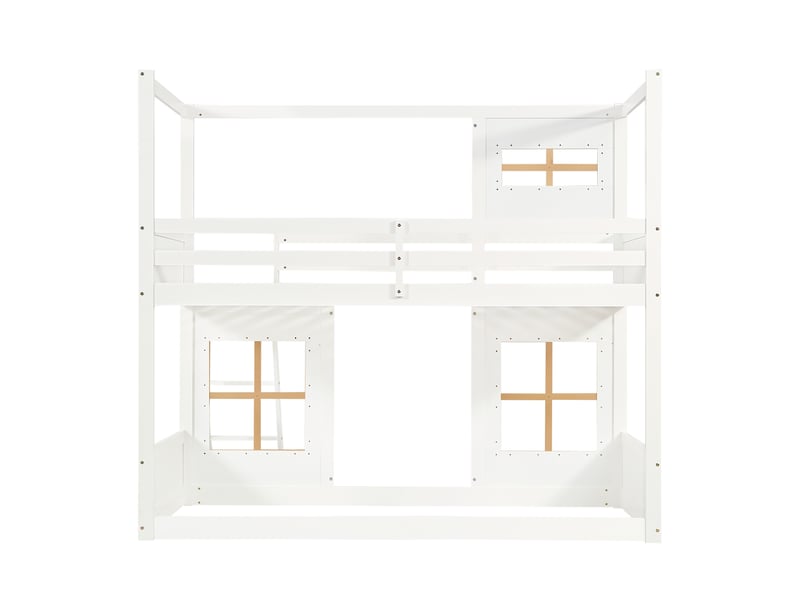  Lit superposé enfant 90 x 200 cm avec fenêtres décoratives, échelle stable, barrières de sécurité, pin, mdf, blanc et naturel  - Conforama A