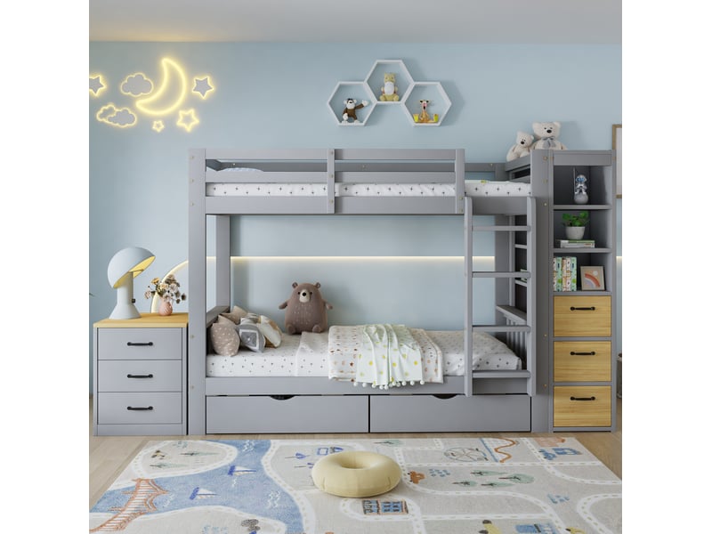 Lit superposé 90x200 cm avec rangements et table de chevet gris clair naturel - Conforama E
