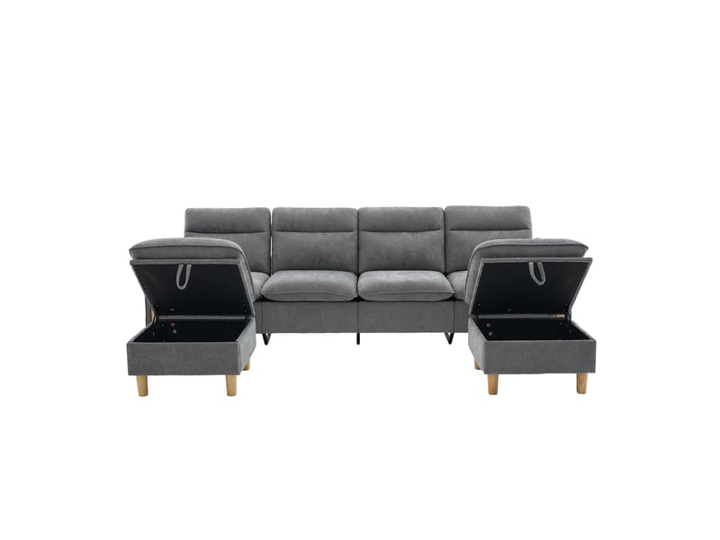  Grand canapé en u avec 2 poufs à rangement, modulable 4 places, pieds en bois, chenille gris  - Conforama A