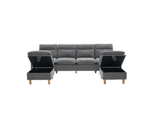 Grand canapé en u avec 2 poufs à rangement, modulable 4 places, pieds en bois, chenille gris