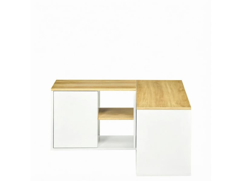  Meuble tv d’angle en l 90x90x45 cm, 2 portes et 3 niches, blanc et bois clair  - Conforama A
