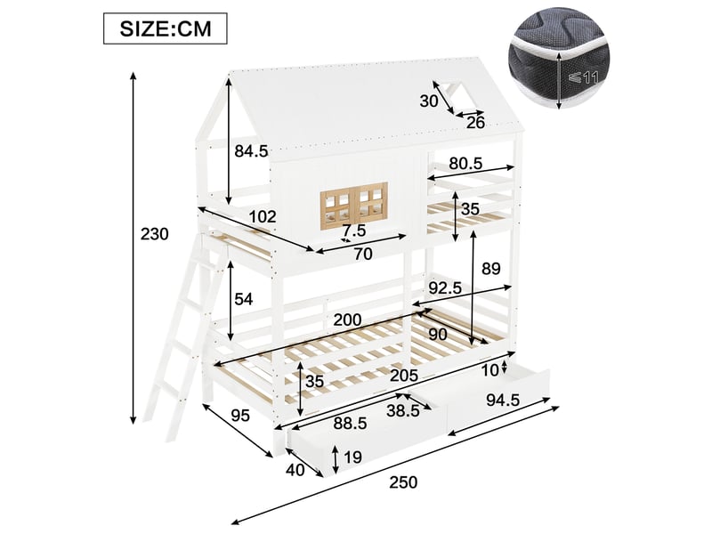  Lit superposé maison 90x200 cm, lit enfant avec toit, fenêtres, tiroirs et échelle, mdf, blanc et naturel, sans matelas  - Conforama C