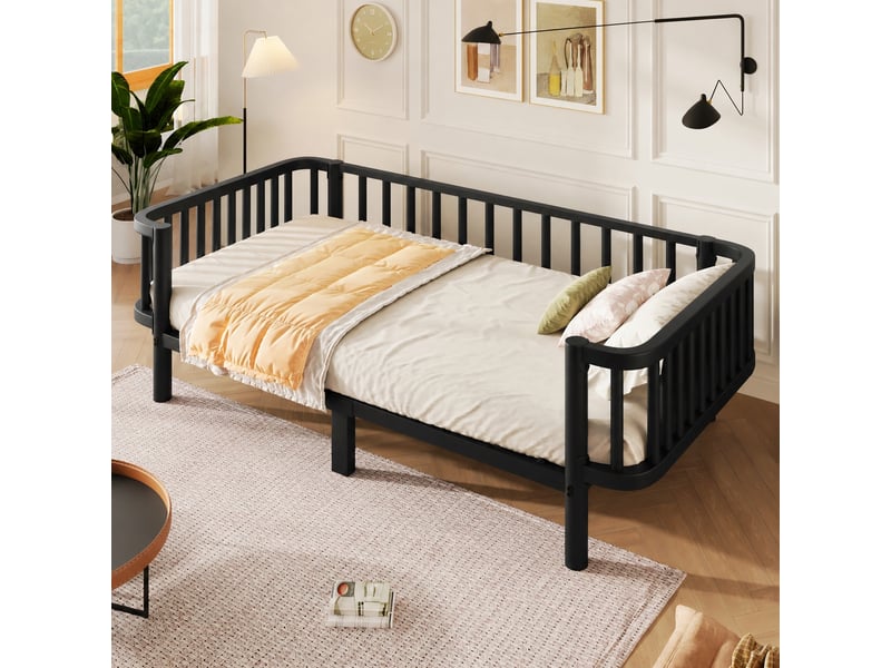  Lit banquette, lit simple en métal avec sommier à lattes en acier, couchage 90 x 200 cm, noir  - Conforama C