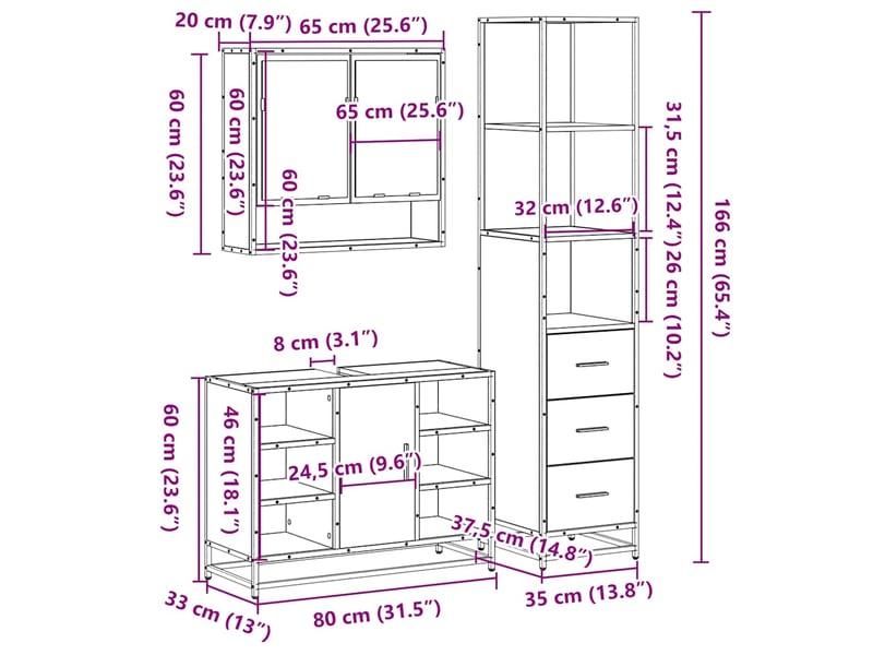  Ensemble de meubles de salle de bain 3 pcs chêne fumé cf63732  - Conforama E