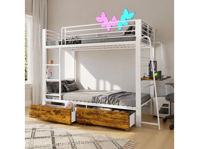  Lit simple 90x200 cm avec tiroirs de rangement en mdf et métal, noir et noyer foncé, blanc mat  - Conforama D