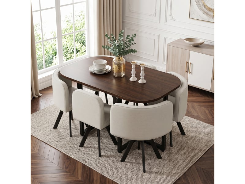 Ensemble table et chaises - salle à manger - 140x90x73 cm - 6 personnes - lin - beige et noyer Bubbly - Conforama B