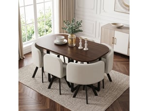 Ensemble table et chaises - salle à manger - 140x90x73 cm - 6 personnes - lin - beige et noyer