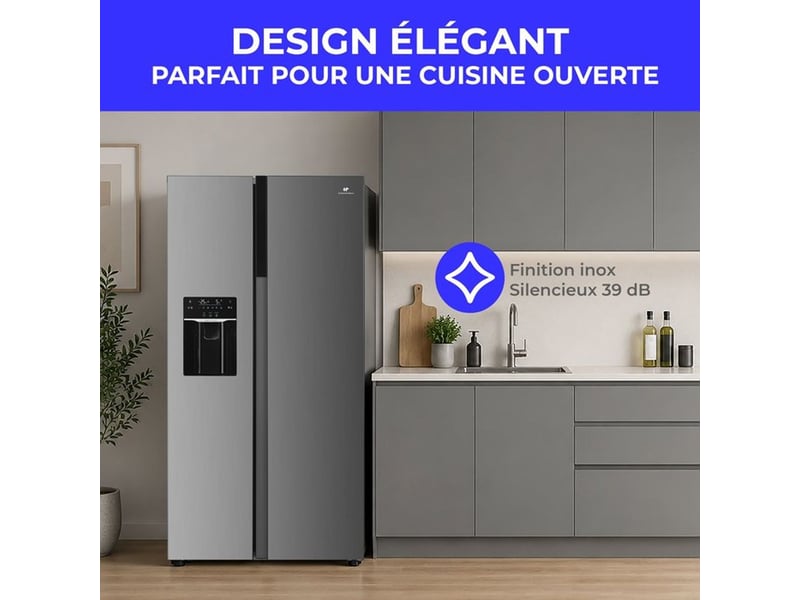  Frigo americain 577 l inox no frost avec distributeur eau et glace led CERANF577NFIXD - Conforama C