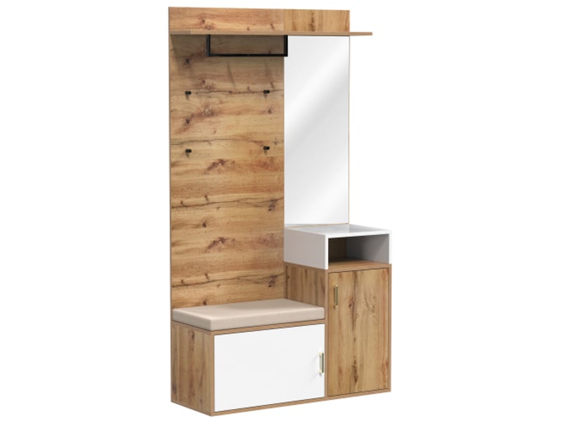  Ensemble d'entrée blanc et bois - miroir, meuble à chaussures, patères et banc - fixation murale, perçage nécessaire  - Conforama A