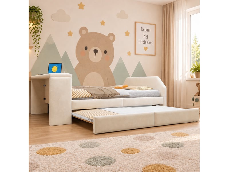  Lit gigogne 140 × 200 cm avec bureau intégré, port usb et revêtement aspect velours beige pour chambre d'enfant  - Conforama E