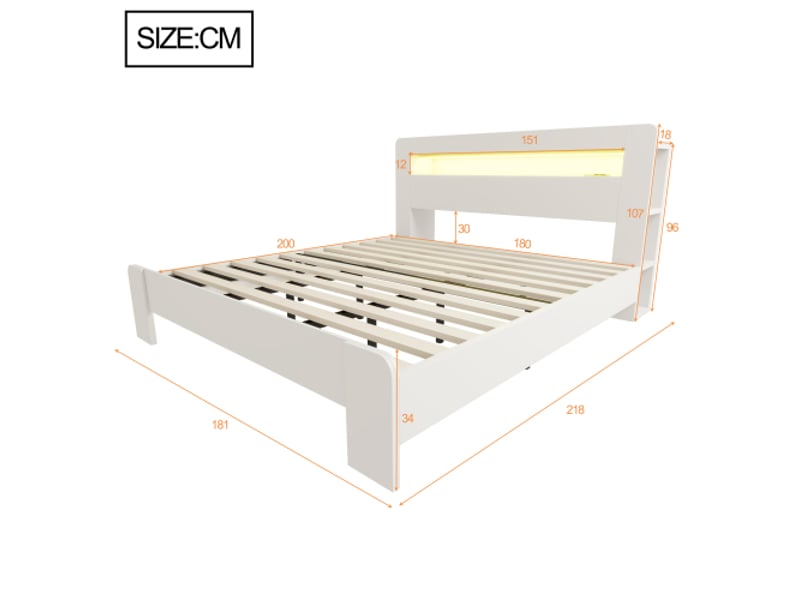  Lit plateforme en bois blanc 180x200 cm avec rangement dans la tête de lit, led et prises intégrées  - Conforama C