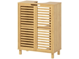 Meuble sous lavabo en bambou, meuble de salle de bain avec 2 portes persiennes, étagère réglable, bois naturel
