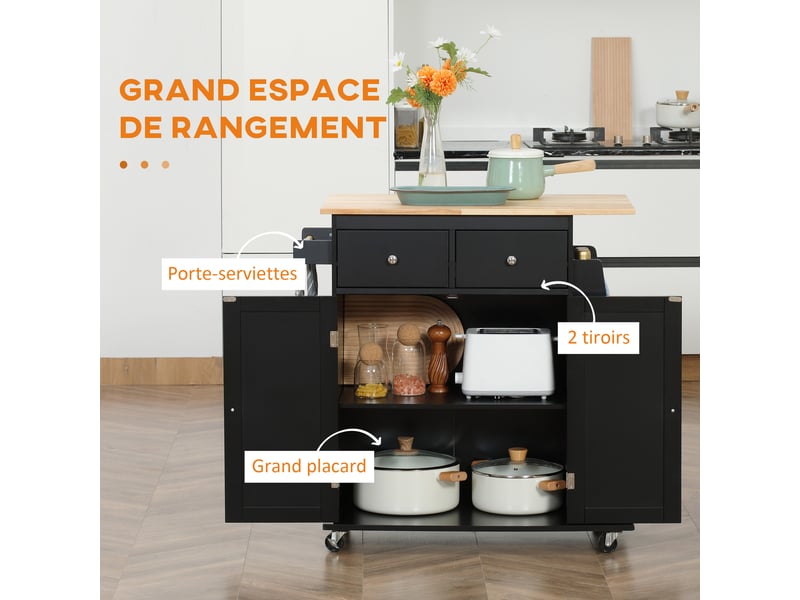  Desserte de cuisine avec 2 tiroirs et placard mdf et hévéa noir 89 x 45 x 89,5 cm  - Conforama D